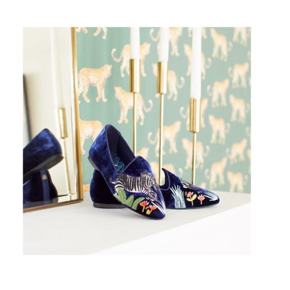 Birdies Navy Blue Velvet Embroidered Flats -NWT 9.5